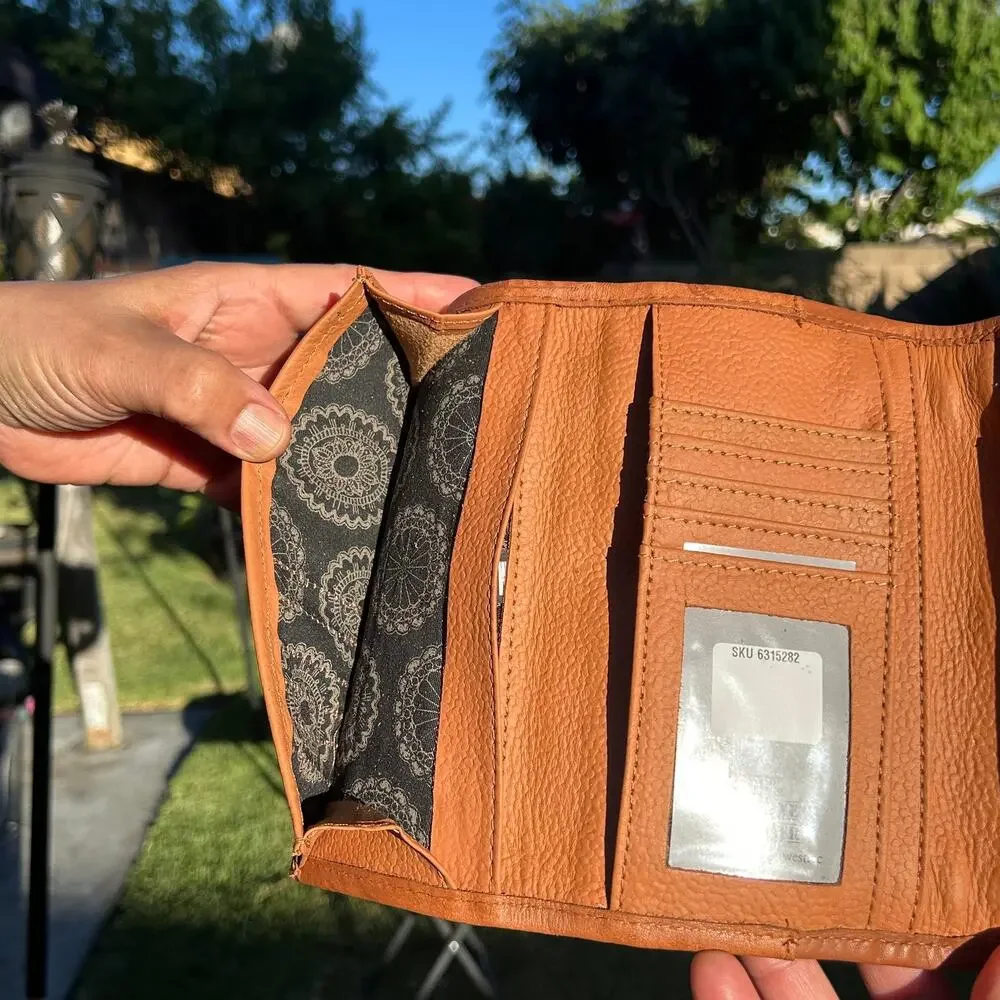 American West Handcrafted Leather Tooled Floral Concho Trifold Wallet Tan